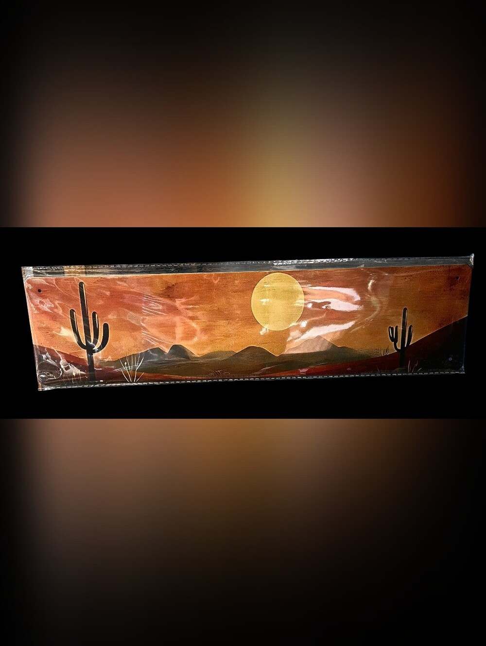 "5/$40" Long Narrow Tin Wall Hanging Sign, Arizona Desert Cactus Sunset Scene